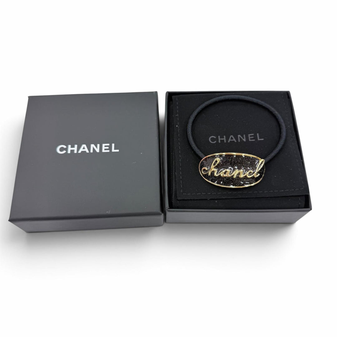 極美品☆CHANEL シャネル C24C メタル オーバルロゴプレート ヘアゴム ヘアアクセサリー ゴールド ブラックラメ フランス製 箱・保存袋付