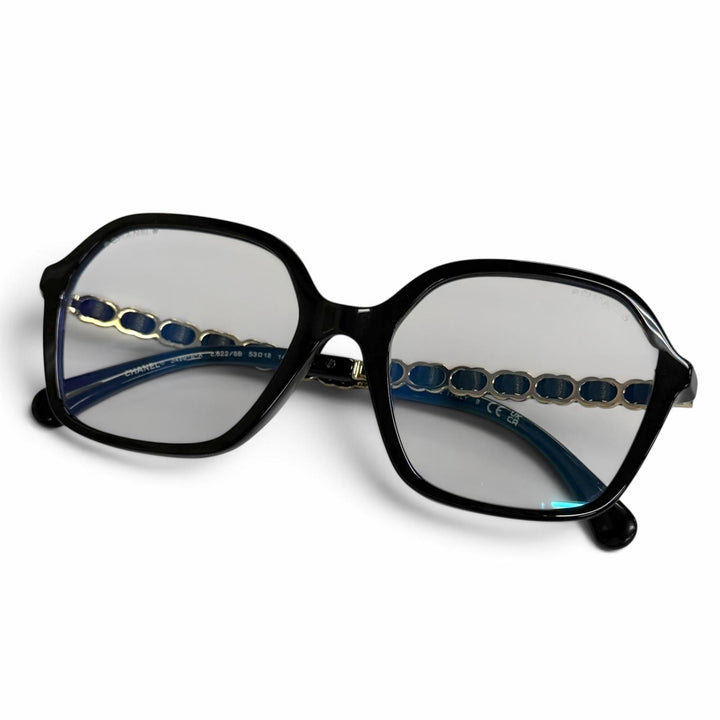 極美品△CHANEL シャネル 3489-S-A ココマークテンプル スクエア メガネ 眼鏡 アイウェア ブラック ゴールド金具 53□18 140 度なし 伊製