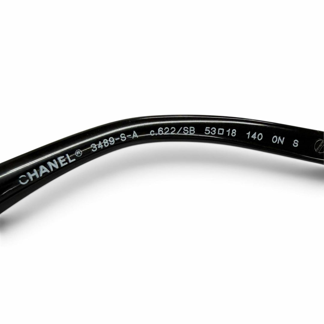 極美品△CHANEL シャネル 3489-S-A ココマークテンプル スクエア メガネ 眼鏡 アイウェア ブラック ゴールド金具 53□18 140 度なし 伊製