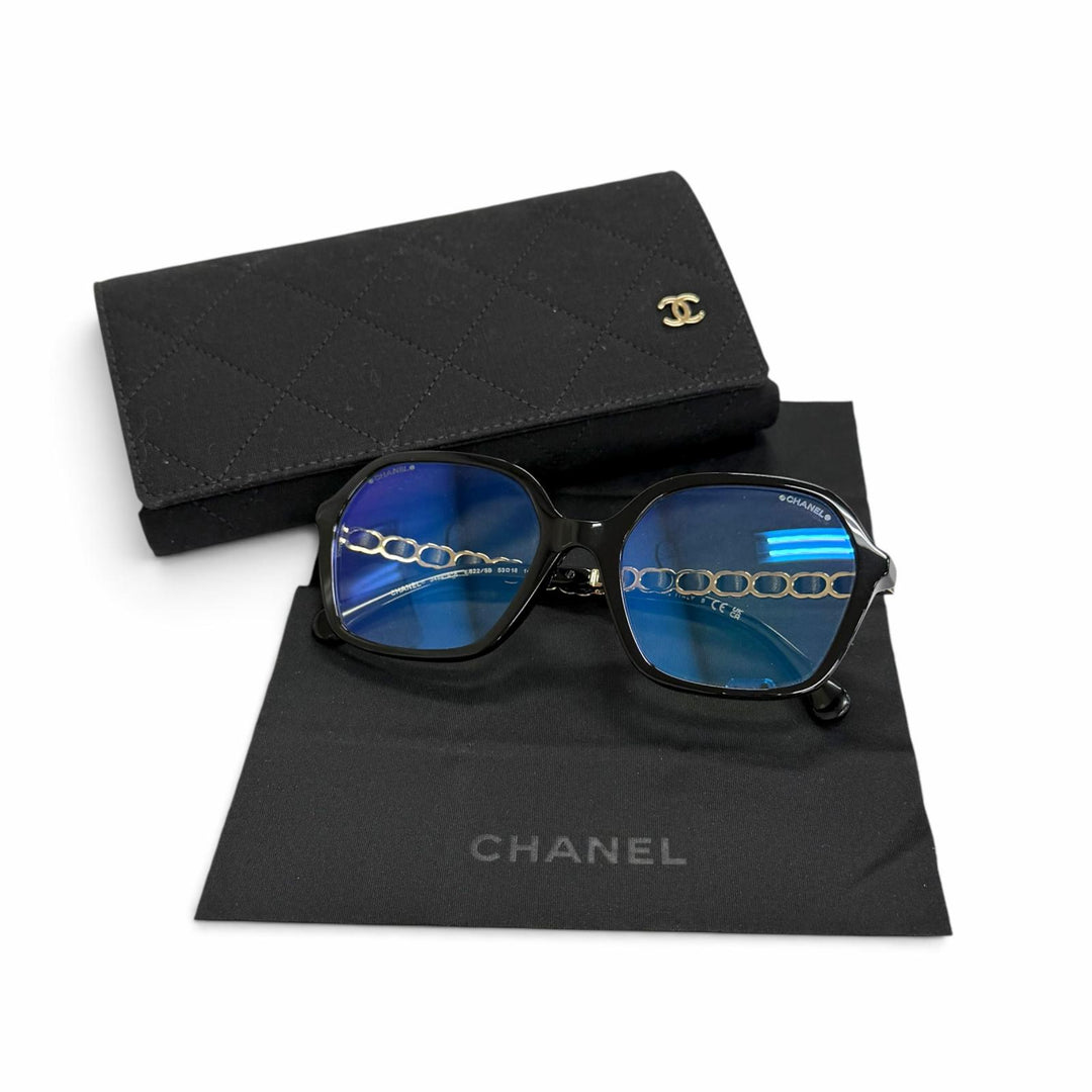 極美品△CHANEL シャネル 3489-S-A ココマークテンプル スクエア メガネ 眼鏡 アイウェア ブラック ゴールド金具 53□18 140 度なし 伊製