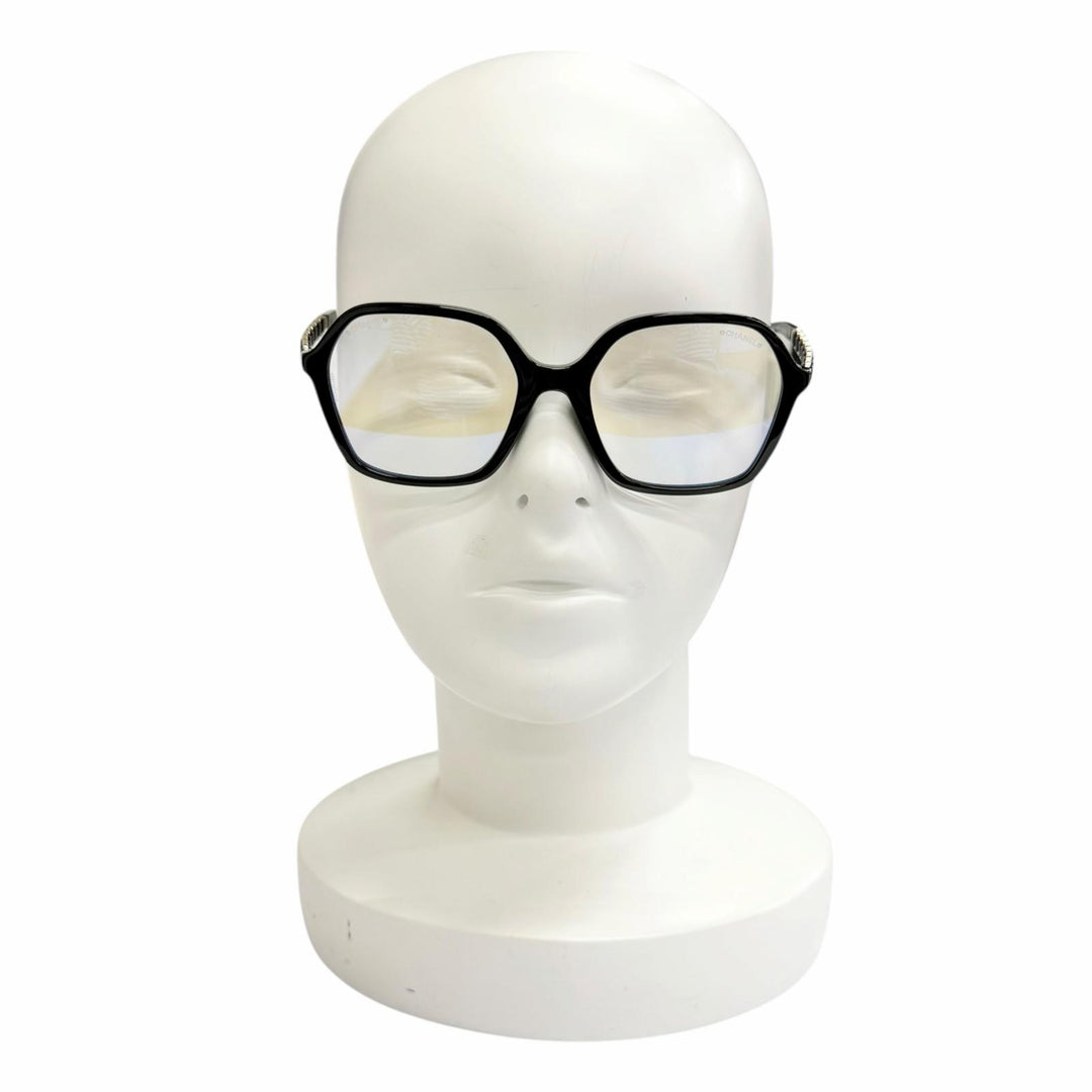 極美品△CHANEL シャネル 3489-S-A ココマークテンプル スクエア メガネ 眼鏡 アイウェア ブラック ゴールド金具 53□18 140 度なし 伊製