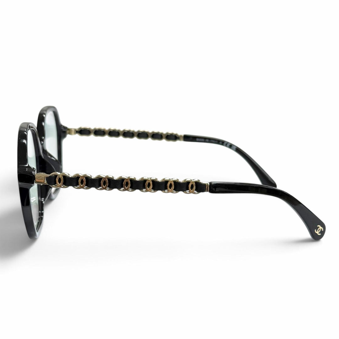 極美品△CHANEL シャネル 3489-S-A ココマークテンプル スクエア メガネ 眼鏡 アイウェア ブラック ゴールド金具 53□18 140 度なし 伊製
