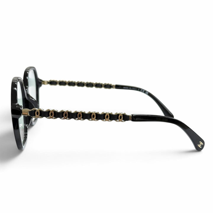 極美品△CHANEL シャネル 3489-S-A ココマークテンプル スクエア メガネ 眼鏡 アイウェア ブラック ゴールド金具 53□18 140 度なし 伊製