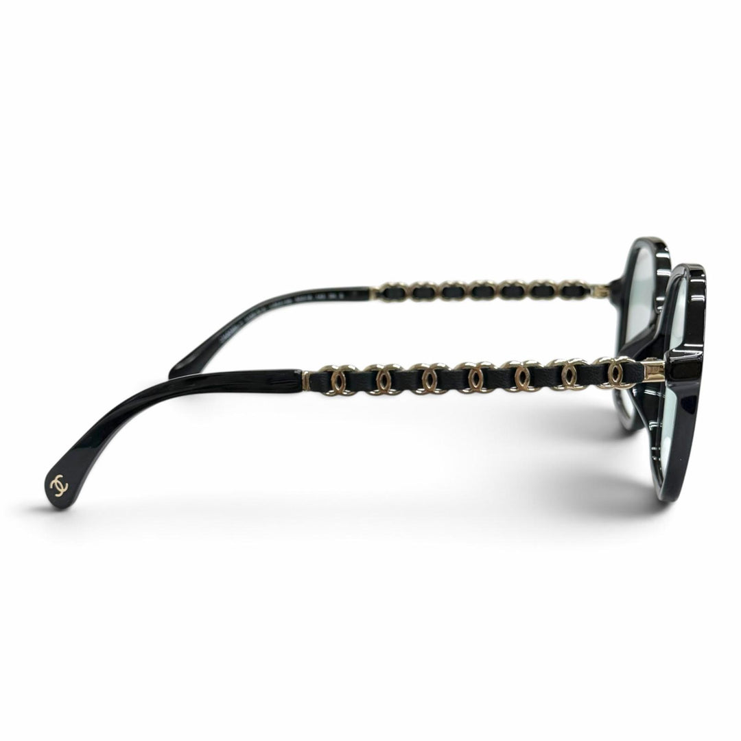 極美品△CHANEL シャネル 3489-S-A ココマークテンプル スクエア メガネ 眼鏡 アイウェア ブラック ゴールド金具 53□18 140 度なし 伊製