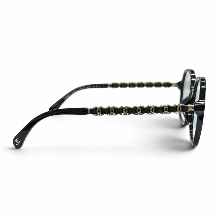 極美品△CHANEL シャネル 3489-S-A ココマークテンプル スクエア メガネ 眼鏡 アイウェア ブラック ゴールド金具 53□18 140 度なし 伊製