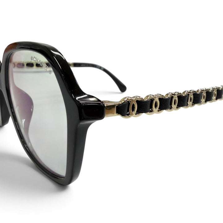 極美品△CHANEL シャネル 3489-S-A ココマークテンプル スクエア メガネ 眼鏡 アイウェア ブラック ゴールド金具 53□18 140 度なし 伊製