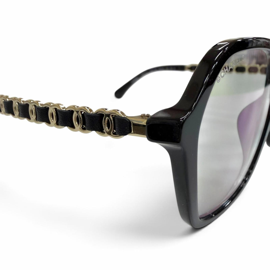 極美品△CHANEL シャネル 3489-S-A ココマークテンプル スクエア メガネ 眼鏡 アイウェア ブラック ゴールド金具 53□18 140 度なし 伊製