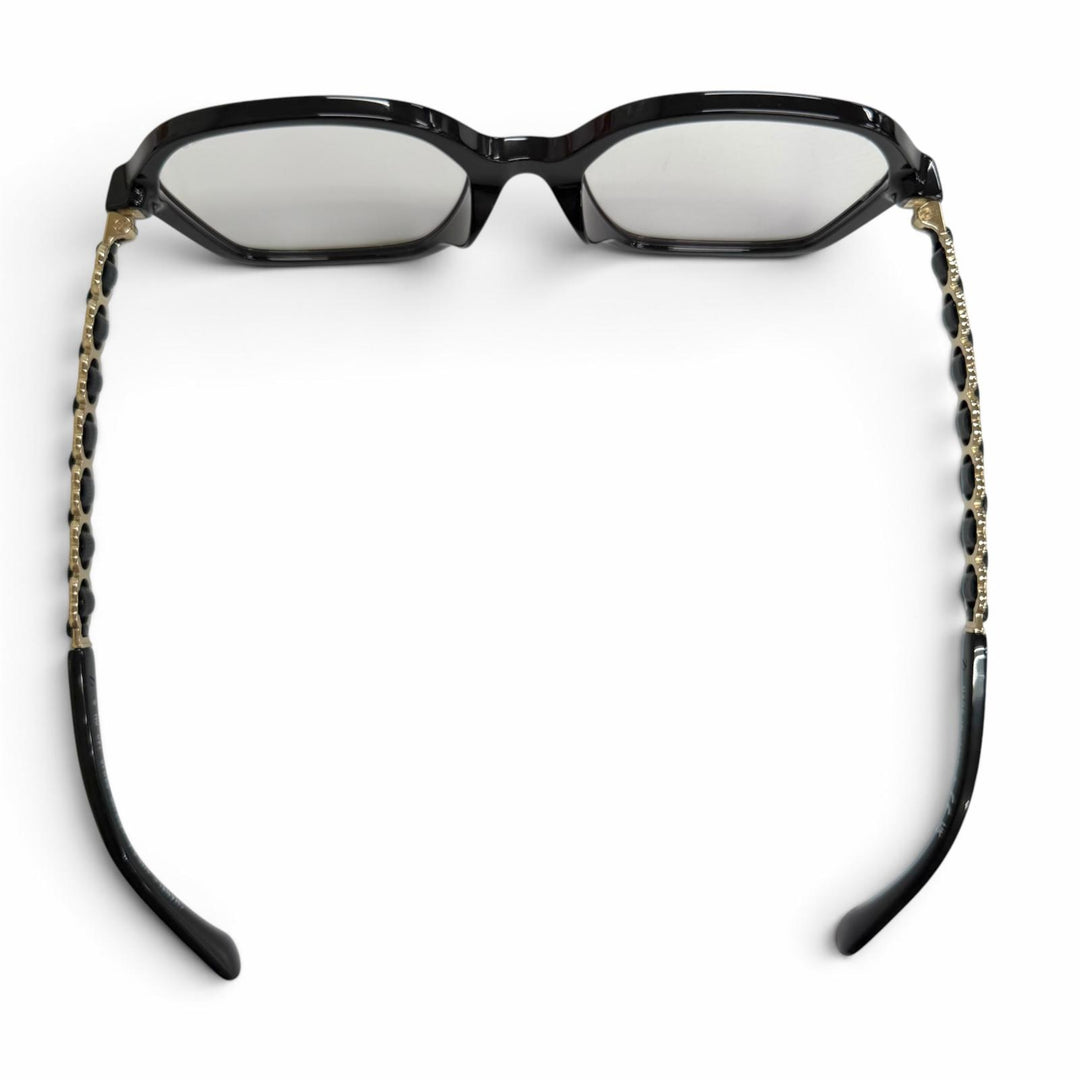 極美品△CHANEL シャネル 3489-S-A ココマークテンプル スクエア メガネ 眼鏡 アイウェア ブラック ゴールド金具 53□18 140 度なし 伊製