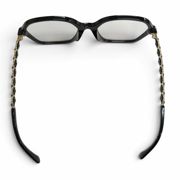 極美品△CHANEL シャネル 3489-S-A ココマークテンプル スクエア メガネ 眼鏡 アイウェア ブラック ゴールド金具 53□18 140 度なし 伊製