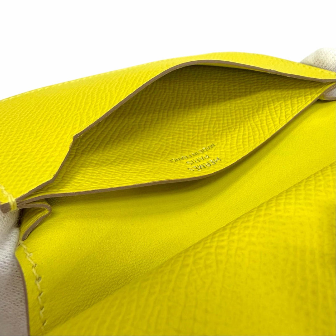未使用品△HERMES エルメス ベアンミニ ヴォーエプソン ライム シルバー金具 コイン入れ付き 二つ折り財布 W刻印 仏製 レディース 箱付き