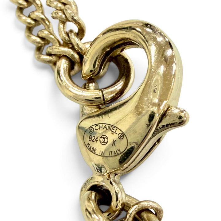 極美品△CHANEL シャネル B24K ABE650 ココマークラインストーン リボン ネックレス アクセサリー ゴールド イタリア製 レディース 箱付
