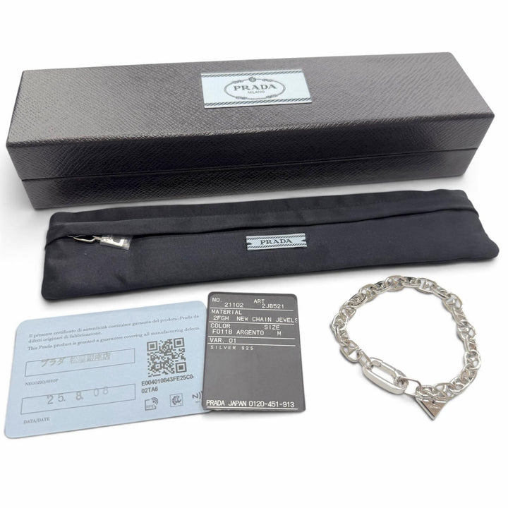 美品▼PRADA プラダ 2JB521 AG925 トライアングルチャーム チェーンブレスレット シルバー M イタリア製 重量22.2g 定価236500円 箱付き