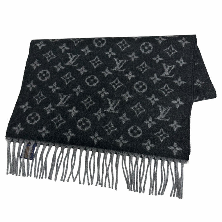 美品□LOUIS VUITTON ルイヴィトン 2022年製 M71607 モノグラム グラディエント カシミヤ ウール マフラー ノワール イタリア製 正規品