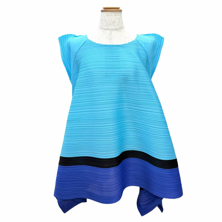 極美品△PLEATS PLEASE プリーツプリーズ イッセイミヤケ PP71-JH573 ノースリーブ バルーントップス チュニック ブルー 3 日本製 正規品