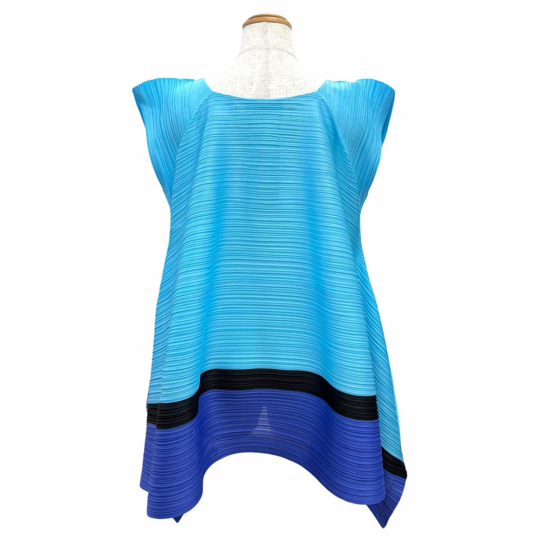 極美品△PLEATS PLEASE プリーツプリーズ イッセイミヤケ PP71-JH573 ノースリーブ バルーントップス チュニック ブルー 3 日本製 正規品