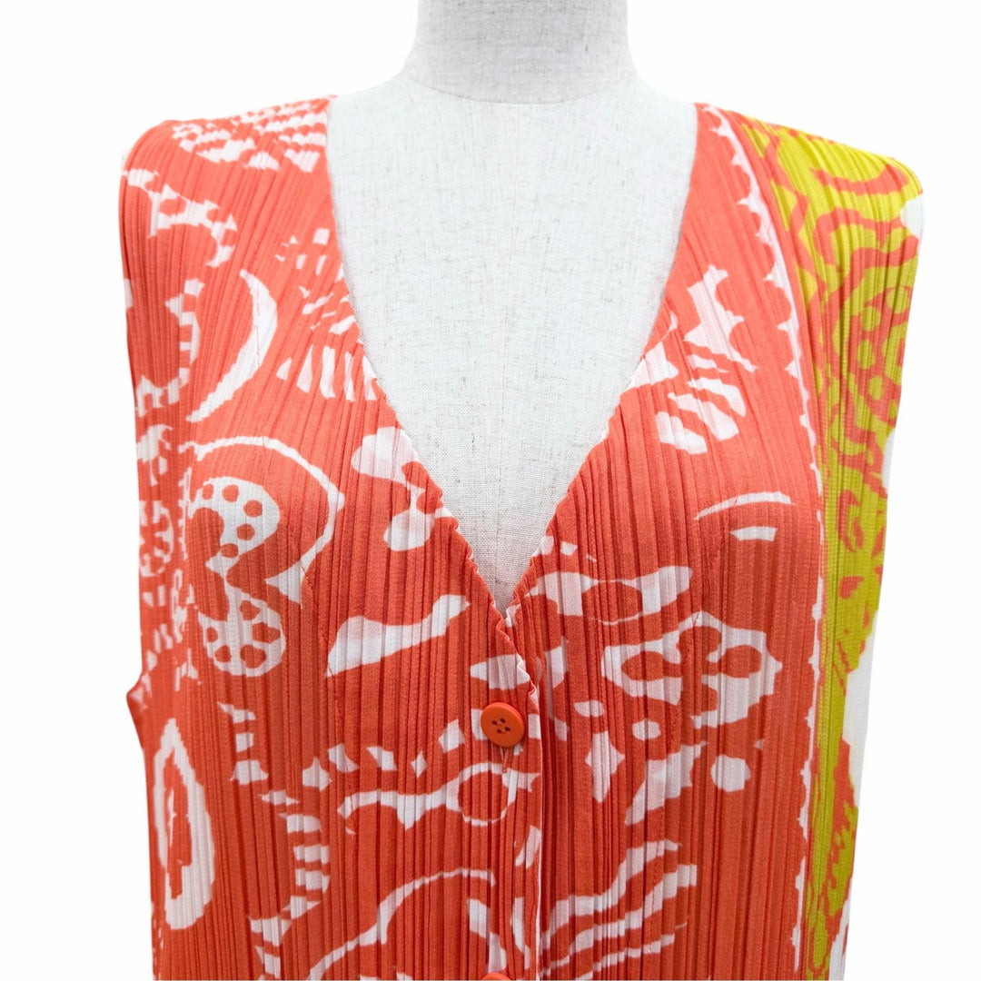 極美品☆PLEATS PLEASE プリーツプリーズ イッセイミヤケ PP81-JE722 総柄デザイン ロング丈 ベスト オレンジ系 4 正規品 レディース