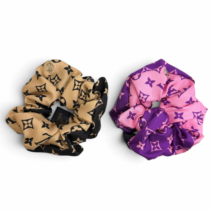 極美品△LOUIS VUITTON ルイヴィトン MP3098 シルク100% LVサークル モノグラム シュシュ 2点セット ヘアアクセサリー シルバー金具 伊製