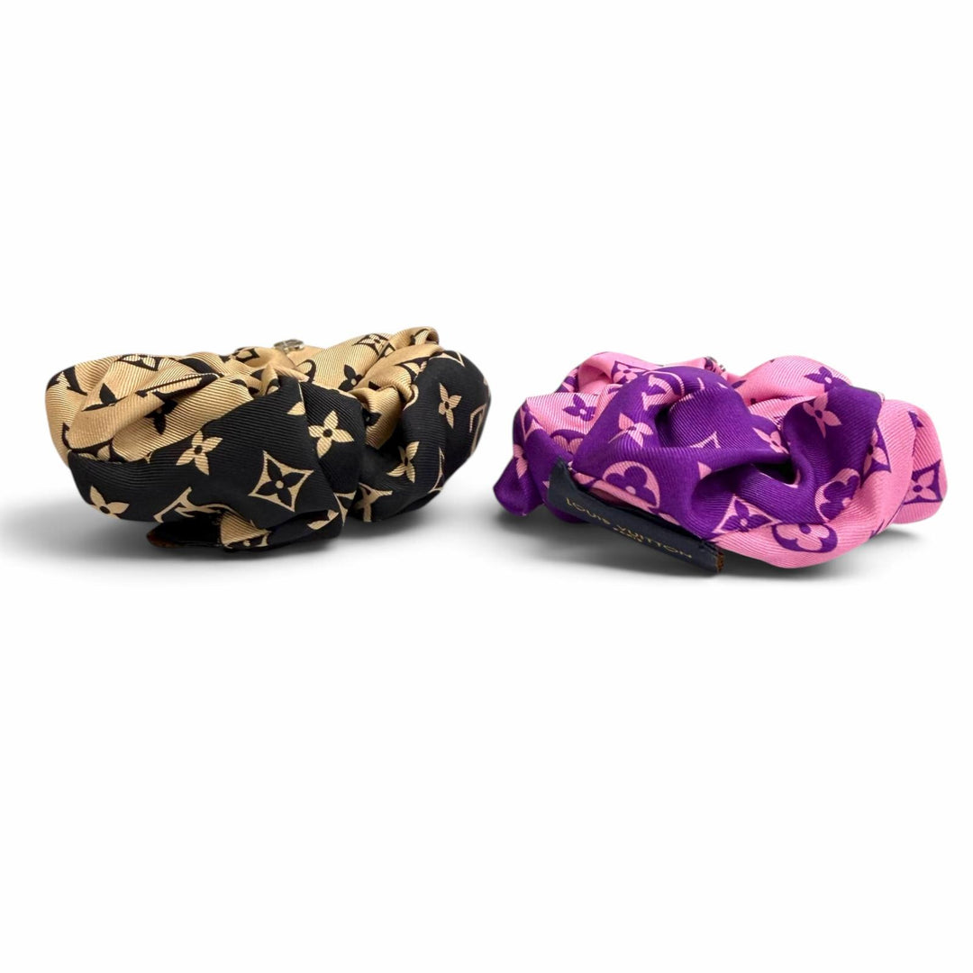 極美品△LOUIS VUITTON ルイヴィトン MP3098 シルク100% LVサークル モノグラム シュシュ 2点セット ヘアアクセサリー シルバー金具 伊製