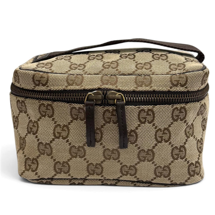 極美品★GUCCI グッチ ヴィンテージ 106646 GGキャンバス レザー使い バニティバッグ 化粧ポーチ ベージュ ブラウン 伊製 レディース