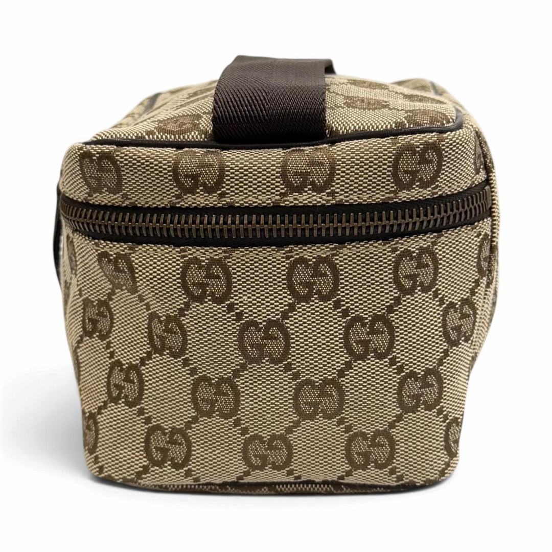 極美品★GUCCI グッチ ヴィンテージ 106646 GGキャンバス レザー使い バニティバッグ 化粧ポーチ ベージュ ブラウン 伊製 レディース