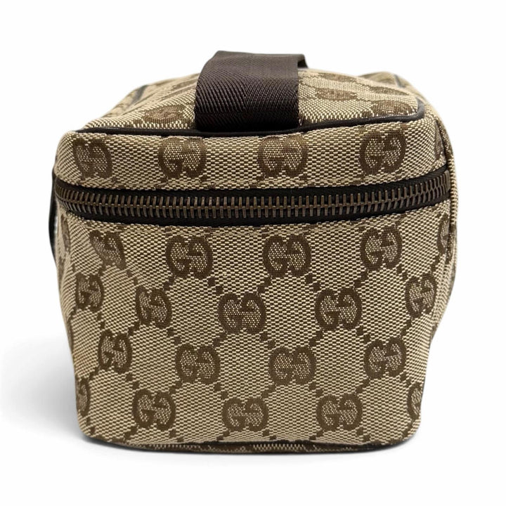 極美品★GUCCI グッチ ヴィンテージ 106646 GGキャンバス レザー使い バニティバッグ 化粧ポーチ ベージュ ブラウン 伊製 レディース