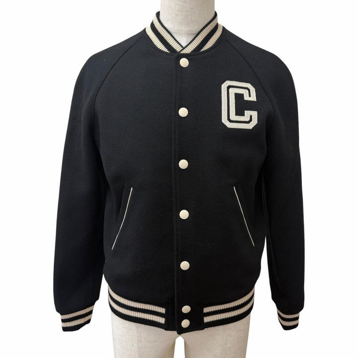極美品□CELINE セリーヌ 2V86W896C Cロゴ カレッジ テディジャケット ボンバージャケット ブラック IT 44 イタリア製 正規品 メンズ