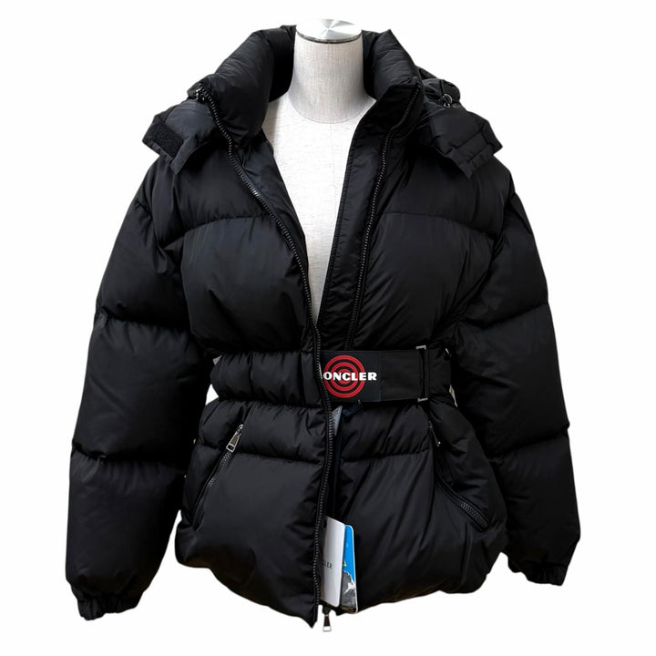 極美品★MONCLER モンクレール DANUBE ロゴ入りベルト フード付 ZIP UP ダウンジャケット アウター ブラック 1 国内正規品 レディース