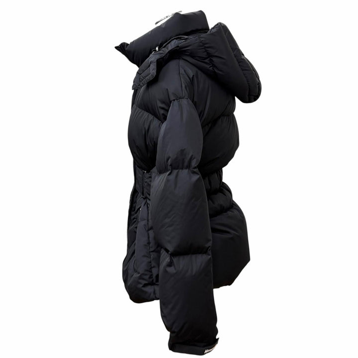 極美品★MONCLER モンクレール DANUBE ロゴ入りベルト フード付 ZIP UP ダウンジャケット アウター ブラック 1 国内正規品 レディース