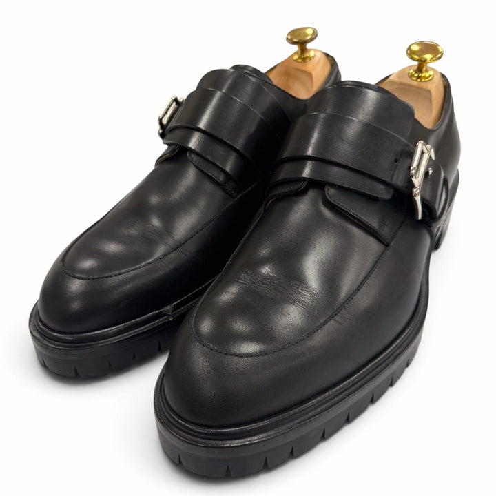 美品▼HERMES エルメス シルバー金具 モンクストラップ Uチップ レザーシューズ ブラック IT 42 イタリア製 メンズ 箱・保存袋付き