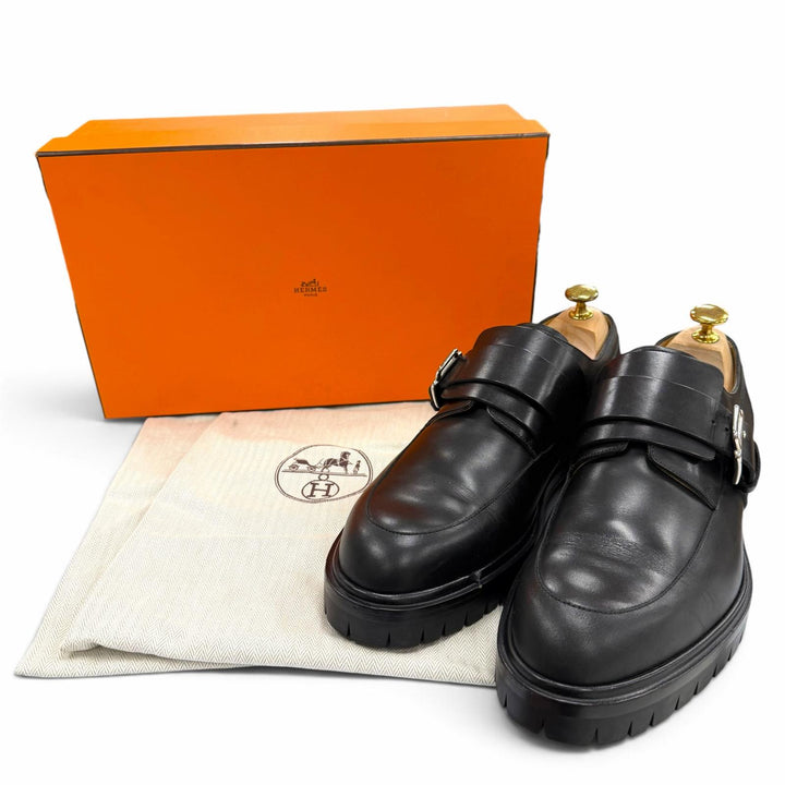 美品▼HERMES エルメス シルバー金具 モンクストラップ Uチップ レザーシューズ ブラック IT 42 イタリア製 メンズ 箱・保存袋付き