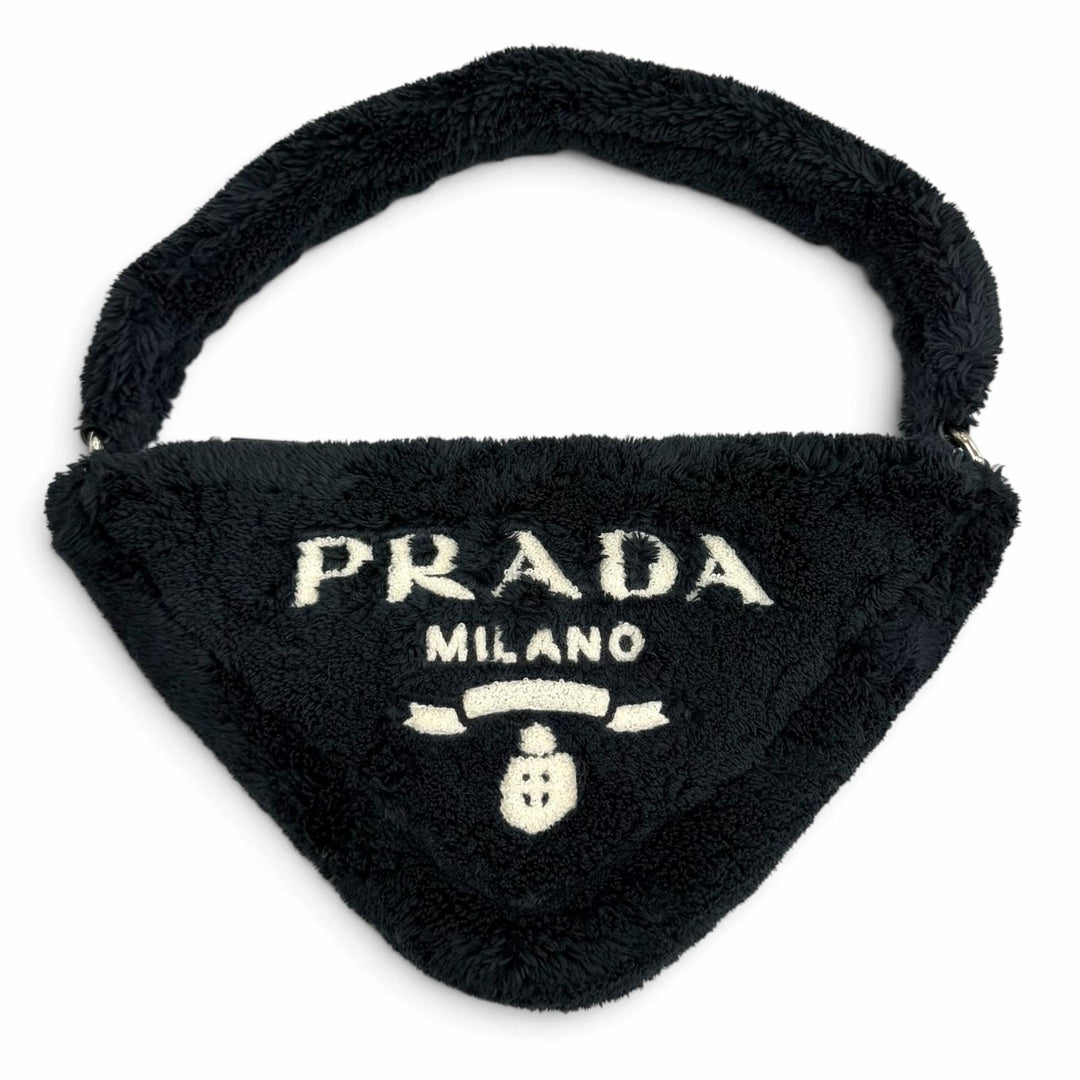 極美品★PRADA プラダ 1NE043 Terry Cloth トライアングルロゴ パイルバッグ ハンドバッグ ネイビー イタリア製 レディース