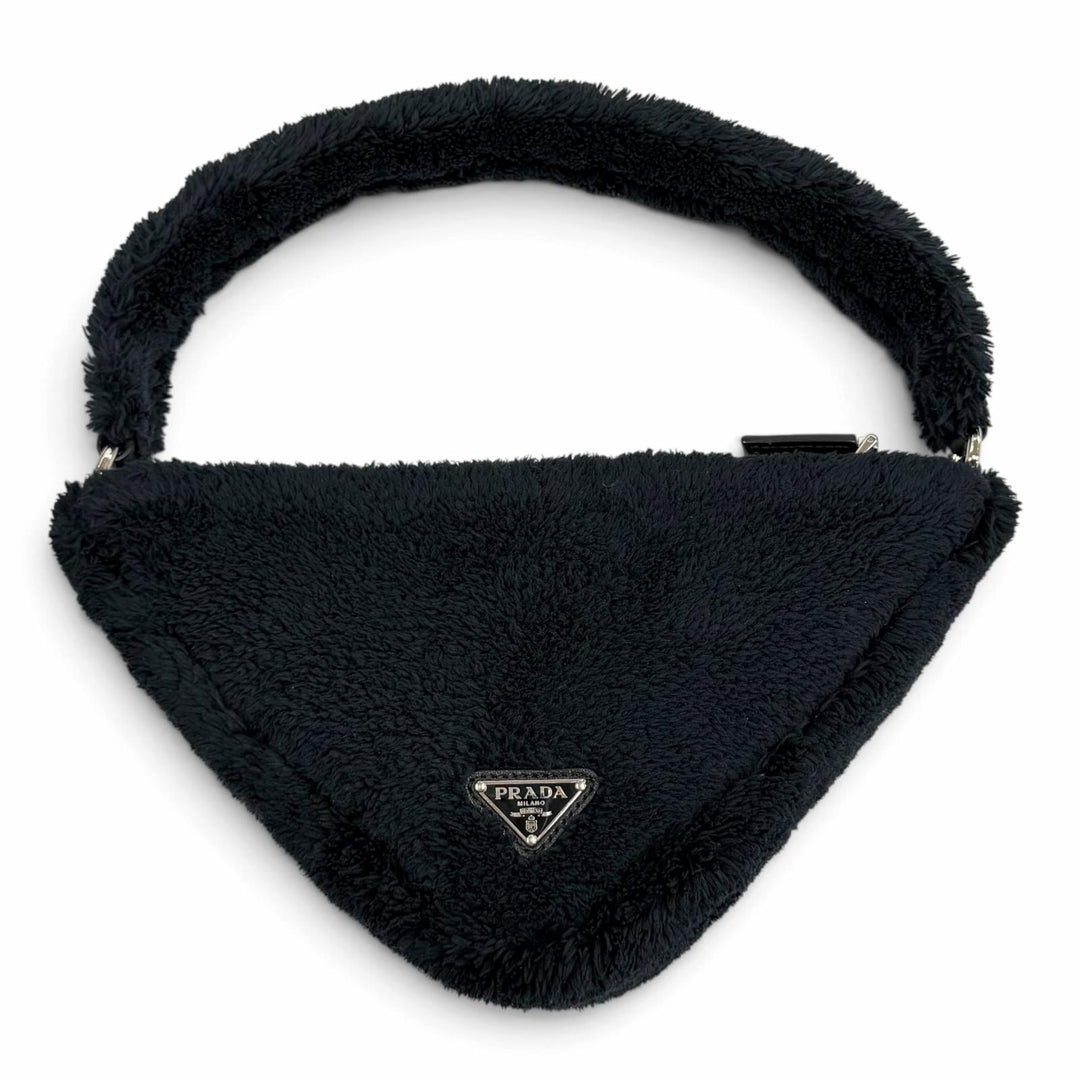 極美品★PRADA プラダ 1NE043 Terry Cloth トライアングルロゴ パイルバッグ ハンドバッグ ネイビー イタリア製 レディース