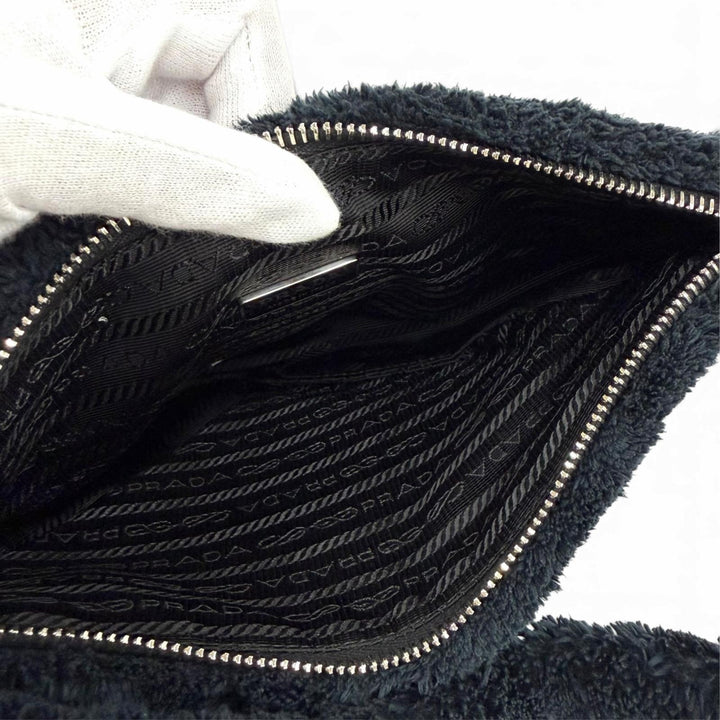 極美品★PRADA プラダ 1NE043 Terry Cloth トライアングルロゴ パイルバッグ ハンドバッグ ネイビー イタリア製 レディース