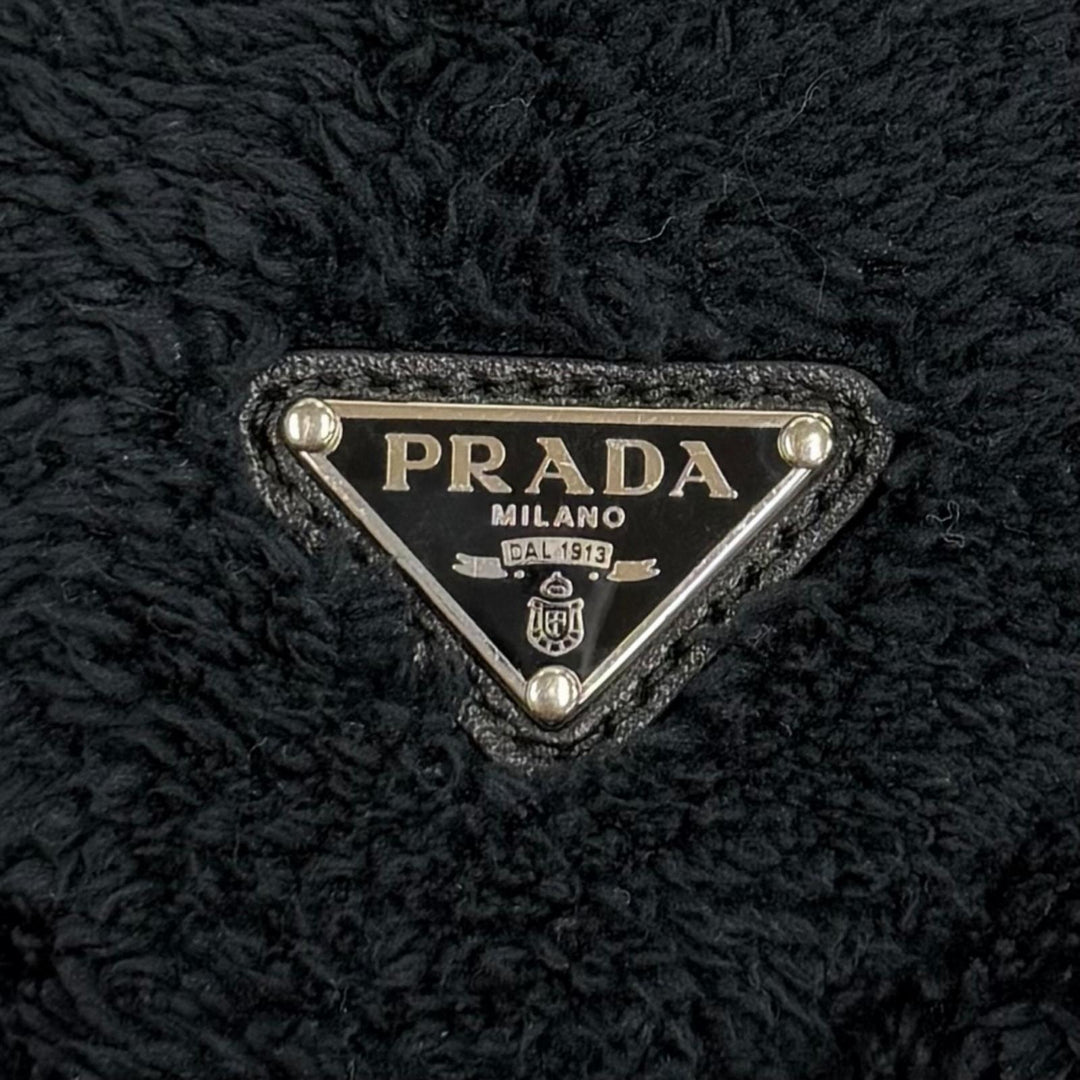 極美品★PRADA プラダ 1NE043 Terry Cloth トライアングルロゴ パイルバッグ ハンドバッグ ネイビー イタリア製 レディース