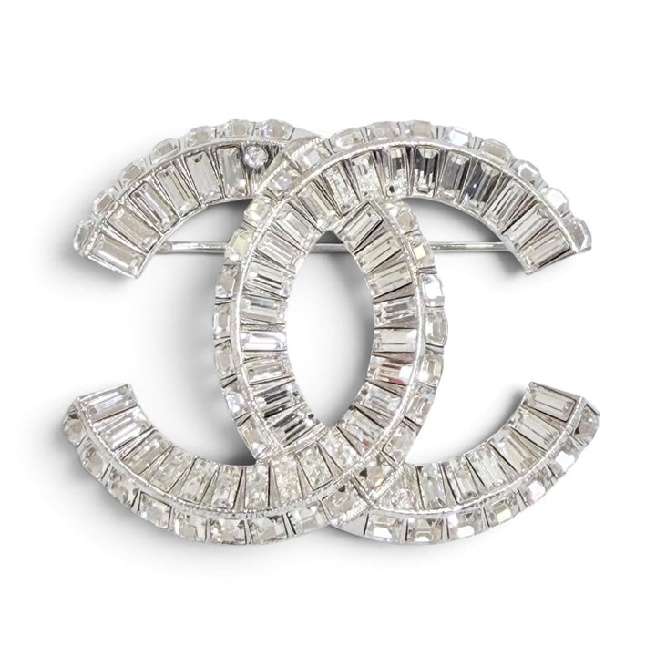 極美品△CHANEL シャネル F23V ココマーク CCロゴ ラインストーン クリスタルビジュー ブローチ シルバー フランス製 レディース