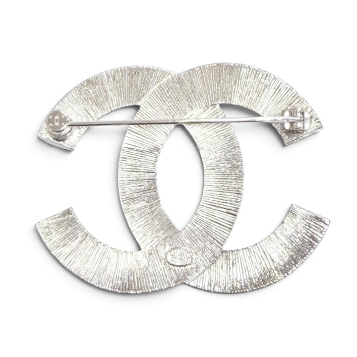 極美品△CHANEL シャネル F23V ココマーク CCロゴ ラインストーン クリスタルビジュー ブローチ シルバー フランス製 レディース