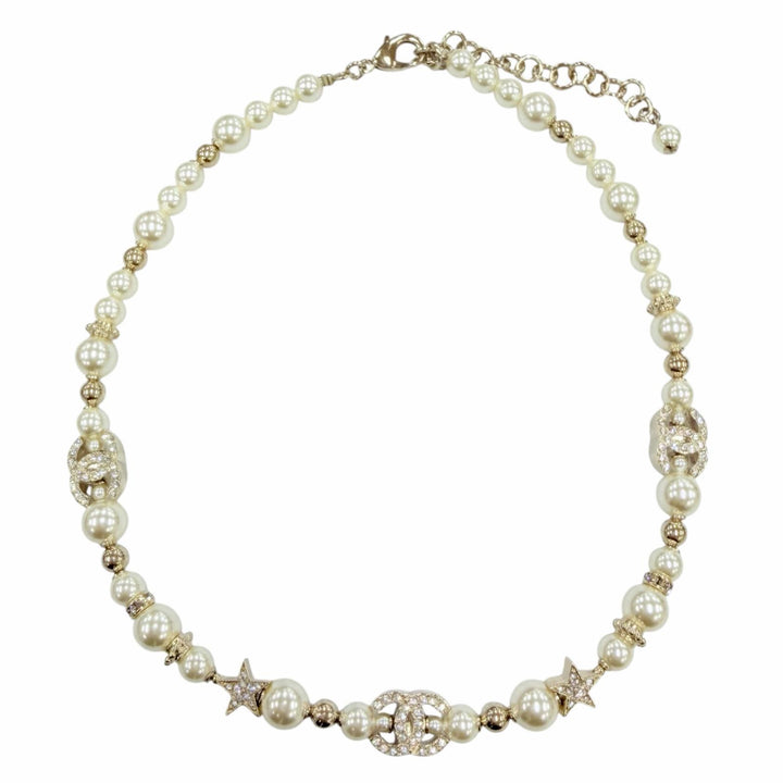 極美品☆CHANEL シャネル C23A ココマーク スター エコパール ラインストーン ネックレス ホワイト系 ゴールド フランス製 レディース