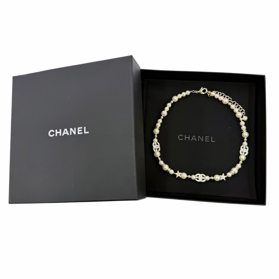 極美品☆CHANEL シャネル C23A ココマーク スター エコパール ラインストーン ネックレス ホワイト系 ゴールド フランス製 レディース