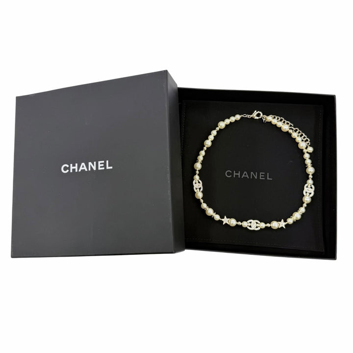 極美品☆CHANEL シャネル C23A ココマーク スター エコパール ラインストーン ネックレス ホワイト系 ゴールド フランス製 レディース
