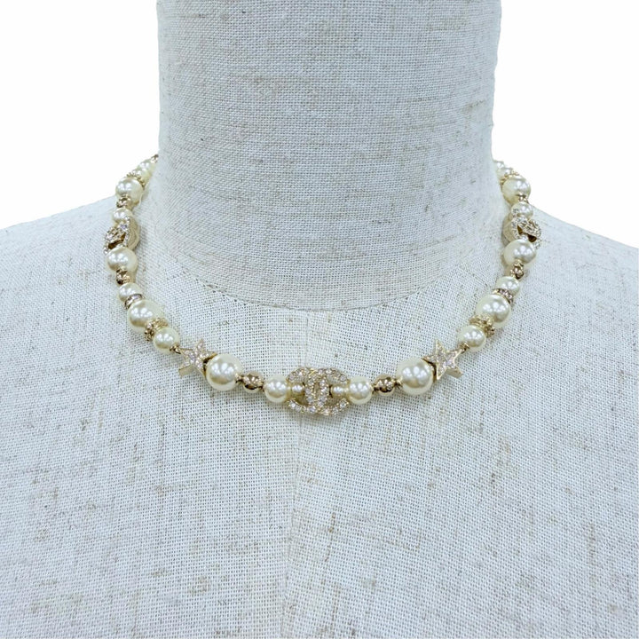 極美品☆CHANEL シャネル C23A ココマーク スター エコパール ラインストーン ネックレス ホワイト系 ゴールド フランス製 レディース