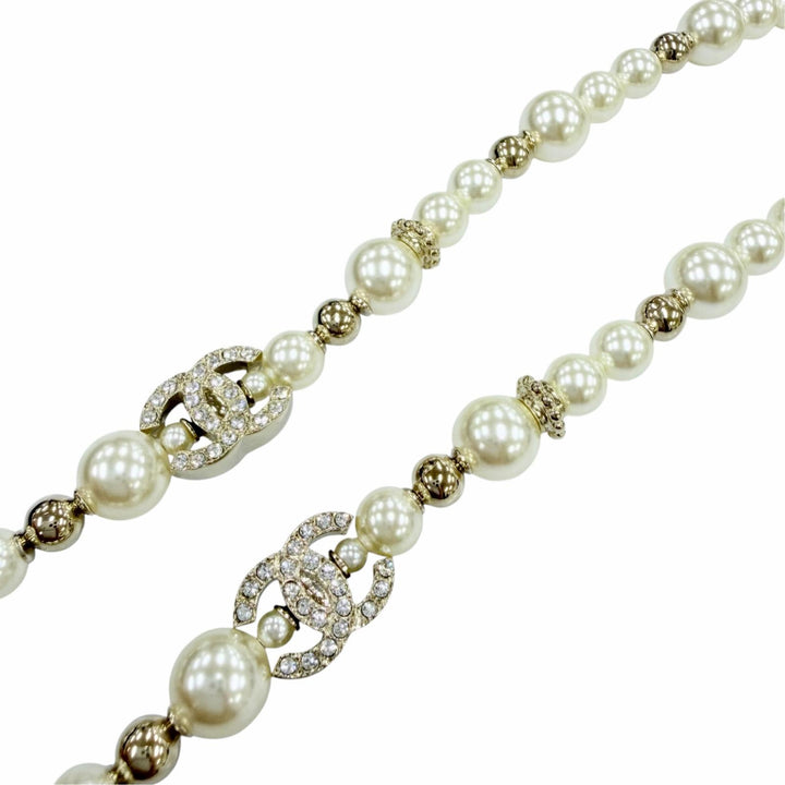 極美品☆CHANEL シャネル C23A ココマーク スター エコパール ラインストーン ネックレス ホワイト系 ゴールド フランス製 レディース
