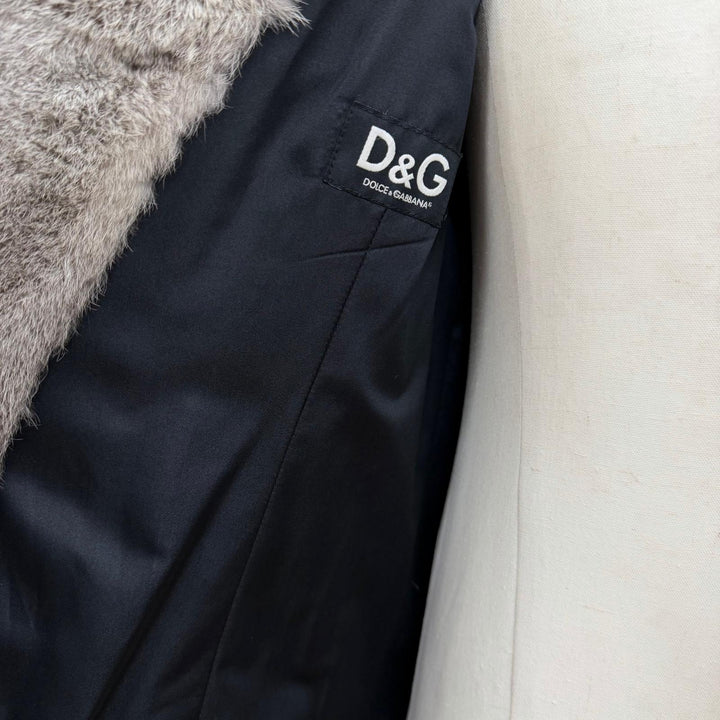 美品▼DOLCE&amp;GABBANA ドルチェ＆ガッバーナ 07-08AW ラビットファー レザー使い トレンチコート 本毛皮コート グレー IT 50 ハンガー付き