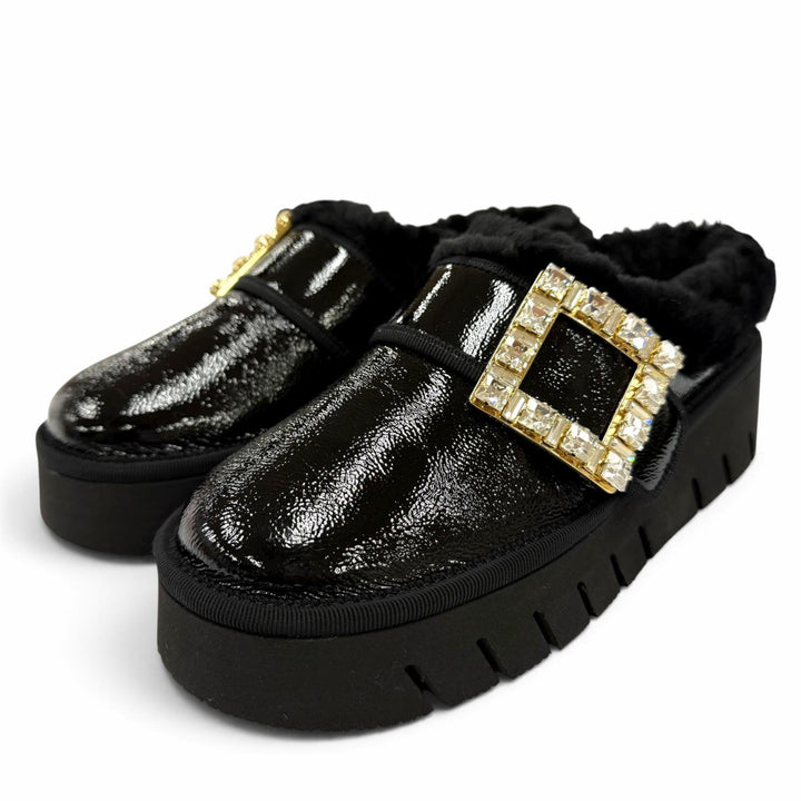 未使用品☆ROGER VIVIER ロジェヴィヴィエ ヴィヴ ウインター プラットフォーム レザー ファースリッパ ミュール ビジュー付 ブラック 35