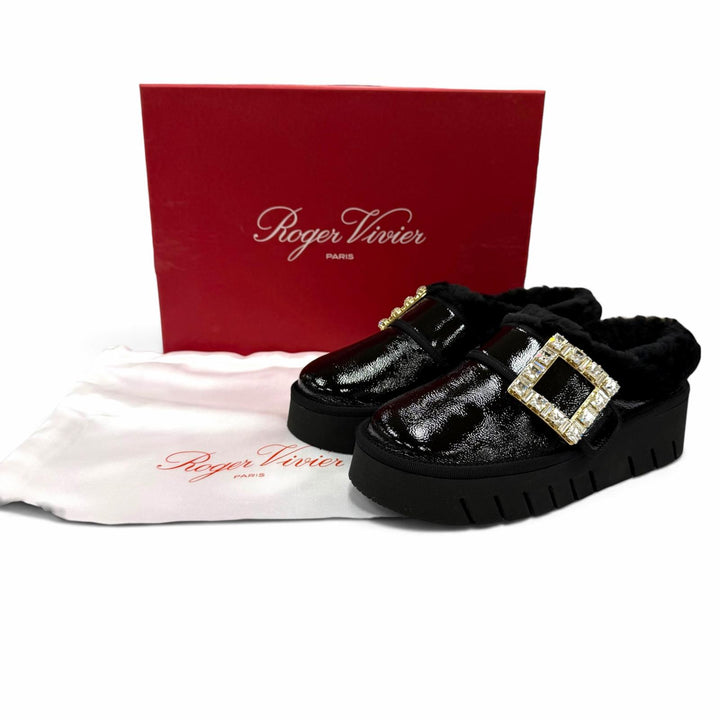 未使用品☆ROGER VIVIER ロジェヴィヴィエ ヴィヴ ウインター プラットフォーム レザー ファースリッパ ミュール ビジュー付 ブラック 35