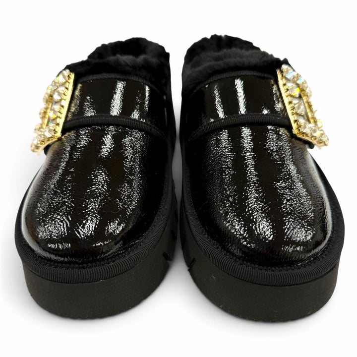 未使用品☆ROGER VIVIER ロジェヴィヴィエ ヴィヴ ウインター プラットフォーム レザー ファースリッパ ミュール ビジュー付 ブラック 35