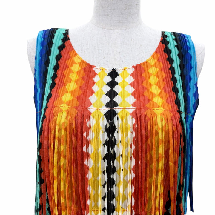 極美品☆PLEATS PLEASE プリーツプリーズ イッセイミヤケ PP71-JH636 フリンジ・総柄デザイン ワンピース マルチカラー 2 日本製 正規品