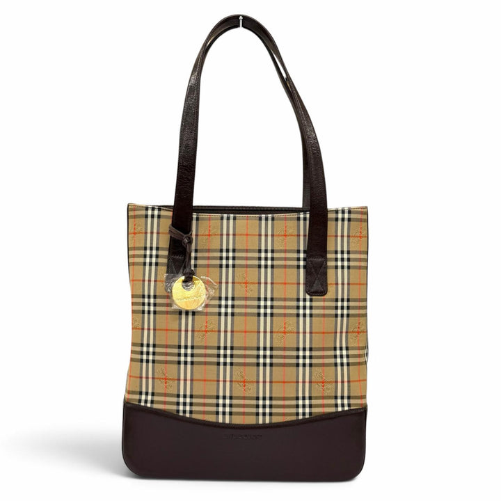 極美品★BURBERRY バーバリー ロゴ刻印 ノバチェック柄 レザー使い トートバッグ ショルダーバッグ ベージュ ブラウン レディース