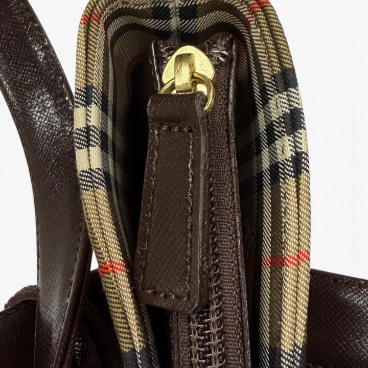 極美品★BURBERRY バーバリー ロゴ刻印 ノバチェック柄 レザー使い トートバッグ ショルダーバッグ ベージュ ブラウン レディース