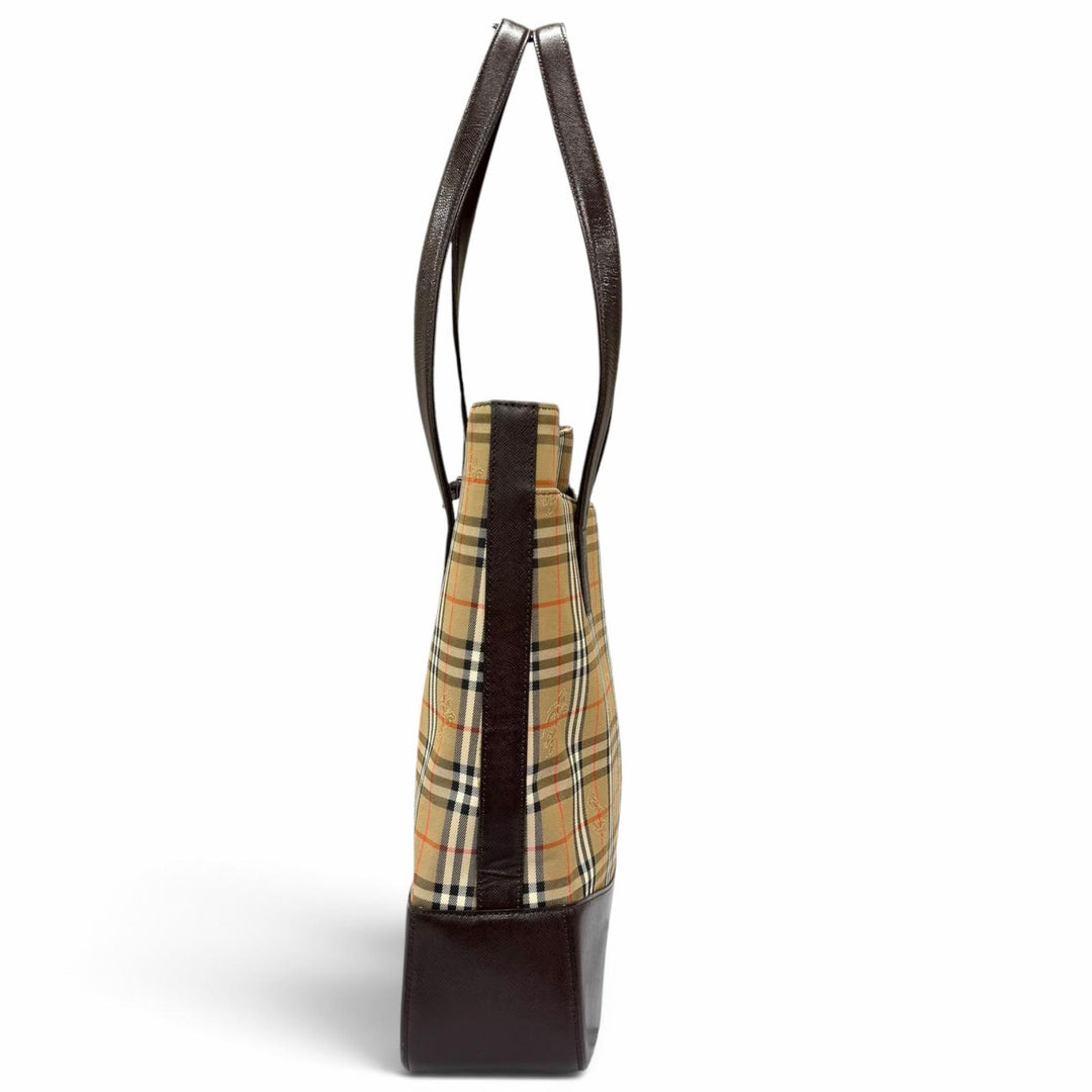 極美品★BURBERRY バーバリー ロゴ刻印 ノバチェック柄 レザー使い トートバッグ ショルダーバッグ ベージュ ブラウン レディース