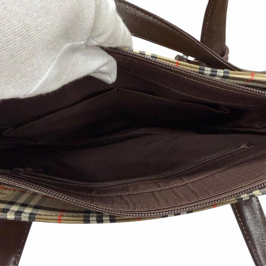 極美品★BURBERRY バーバリー ロゴ刻印 ノバチェック柄 レザー使い トートバッグ ショルダーバッグ ベージュ ブラウン レディース